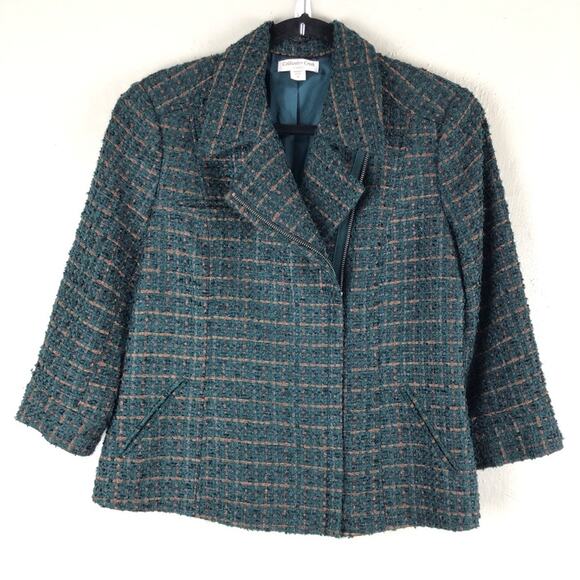 Coldwater Creek Classic Green Blue Metallic Bronze Tweed Zip Moto Jacket Blazer - Picture 1 of 12
